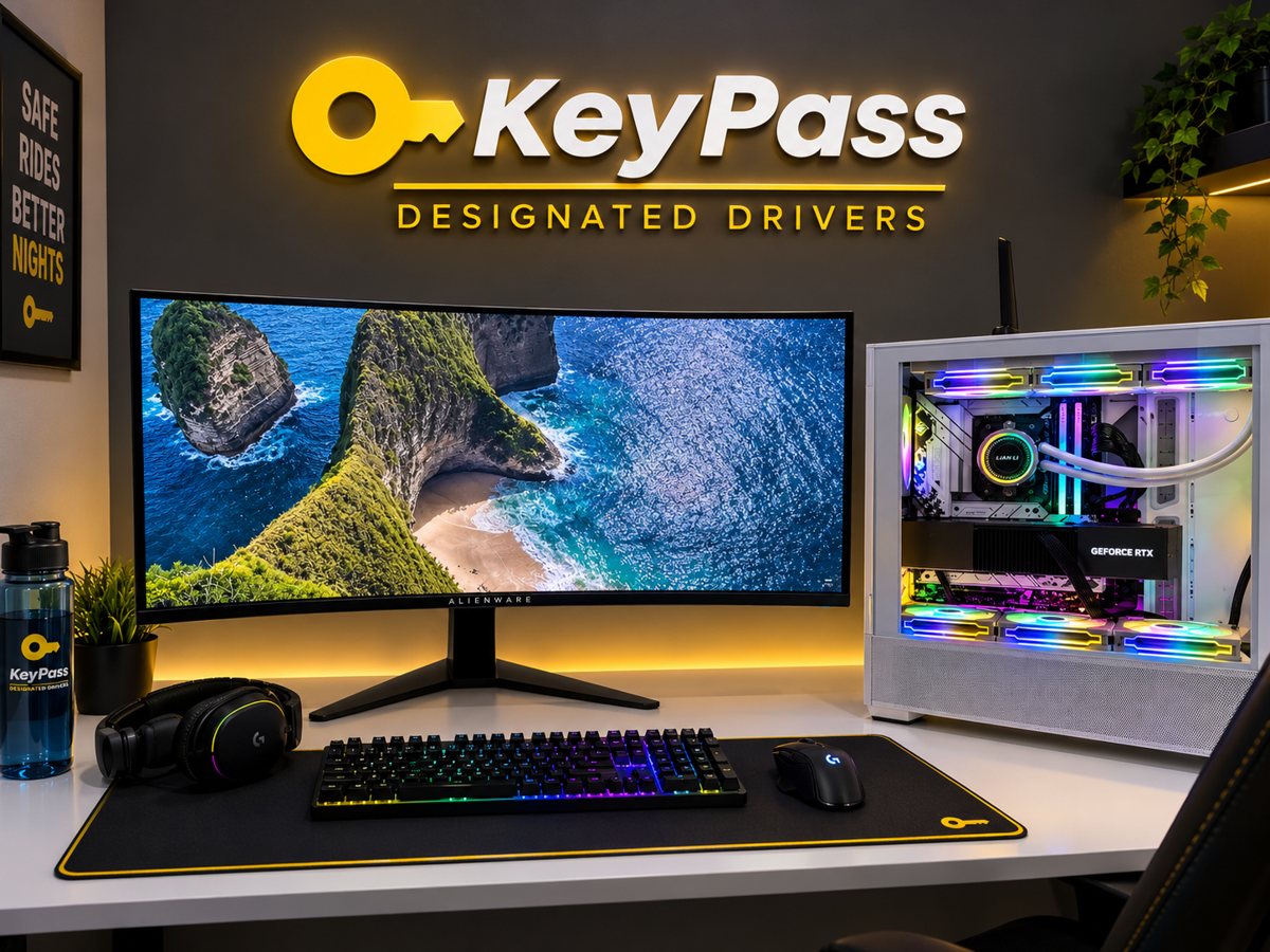 KeyPass office desk with the lit KeyPass Designated Drivers sign on the wall